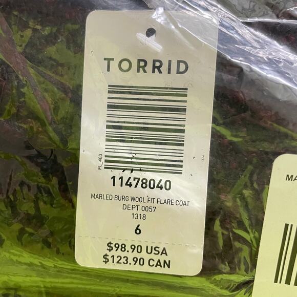 Torrid NWT Wool Fit And Flare Coat Marled Burgundy Black Peacoat Peplum Size 6X - Picture 6 of 7